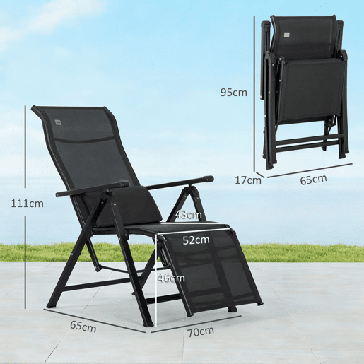Outsunny Cadeira Reclinável Dobrável de Jardim com Encosto Ajustável em 9 Posições, Almofada Lombar, Estrutura em Aço e Textilene Respirável, 150 kg, Preto