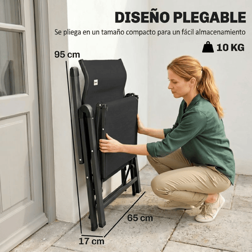 Outsunny Cadeira Reclinável Dobrável de Jardim com Encosto Ajustável em 9 Posições, Almofada Lombar, Estrutura em Aço e Textilene Respirável, 150 kg, Preto