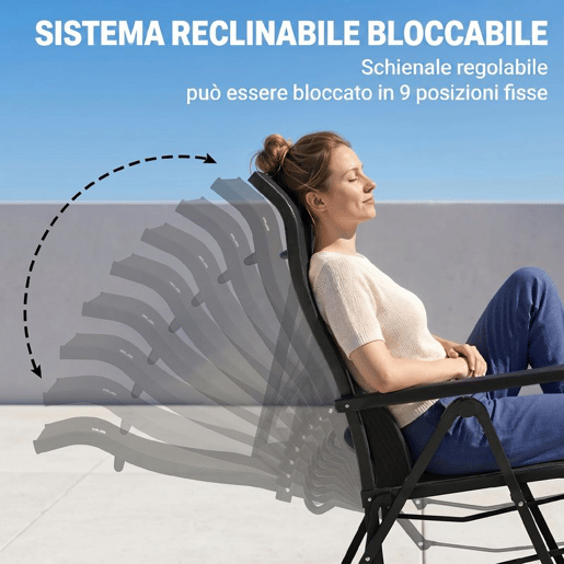 Outsunny Cadeira Reclinável Dobrável de Jardim com Encosto Ajustável em 9 Posições, Almofada Lombar, Estrutura em Aço e Textilene Respirável, 150 kg, Preto