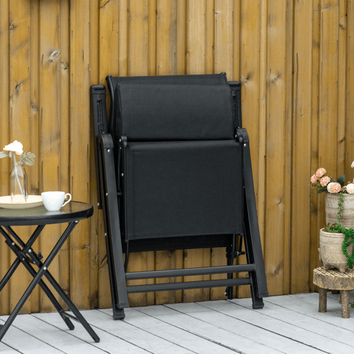 Outsunny Cadeira Reclinável Dobrável de Jardim com Encosto Ajustável em 9 Posições, Almofada Lombar, Estrutura em Aço e Textilene Respirável, 150 kg, Preto