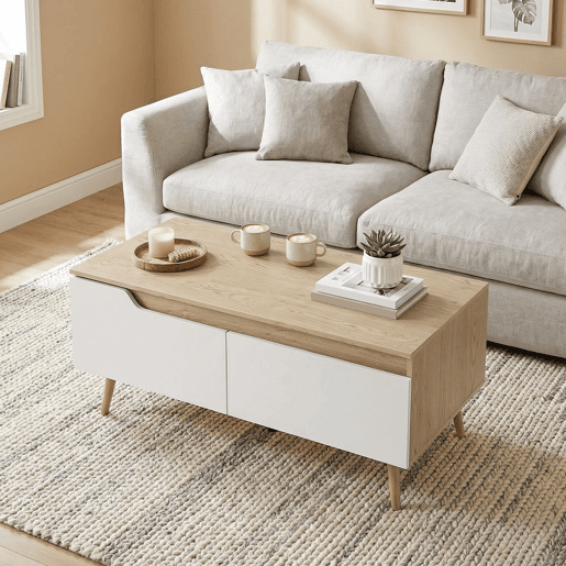 HOMCOM Mesa de Centro Moderna com 2 Gavetões e Pés de Madeira de Borracha para Sala de Estar ou Quarto 100x50x46 cm Carvalho