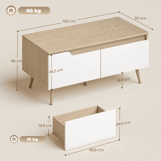 HOMCOM Mesa de Centro Moderna com 2 Gavetões e Pés de Madeira de Borracha para Sala de Estar ou Quarto 100x50x46 cm Carvalho