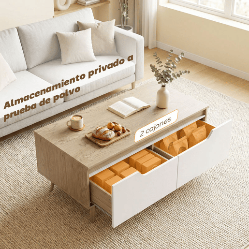 HOMCOM Mesa de Centro Moderna com 2 Gavetões e Pés de Madeira de Borracha para Sala de Estar ou Quarto 100x50x46 cm Carvalho