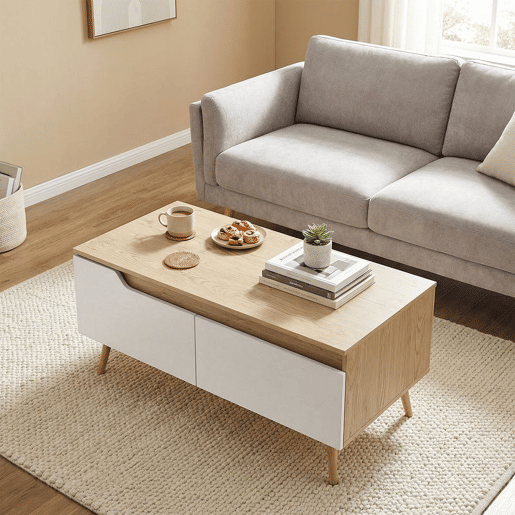HOMCOM Mesa de Centro Moderna com 2 Gavetões e Pés de Madeira de Borracha para Sala de Estar ou Quarto 100x50x46 cm Carvalho