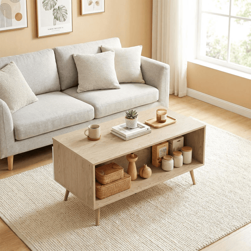 HOMCOM Mesa de Centro Moderna com 2 Gavetões e Pés de Madeira de Borracha para Sala de Estar ou Quarto 100x50x46 cm Carvalho