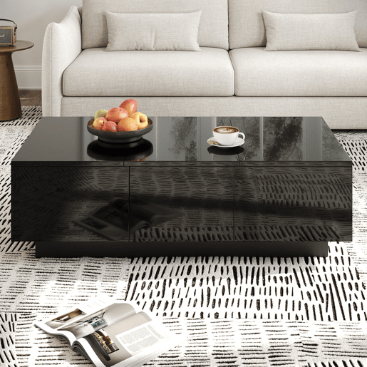 Mesa de centro 100x50 cm - moderna com gavetas e compartimento deslizante - preto brilhante
