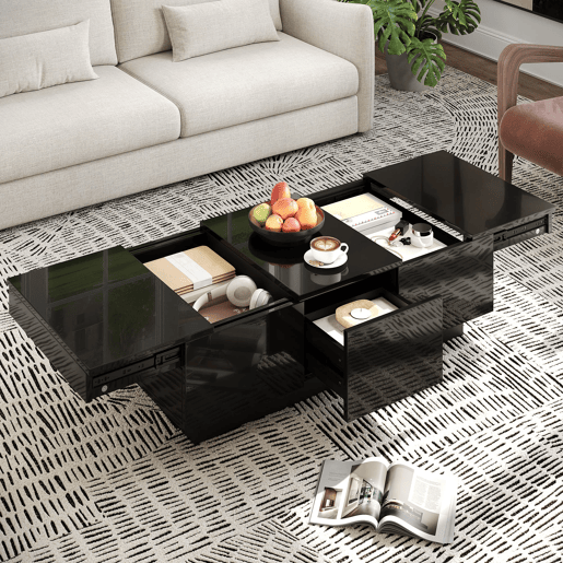 Mesa de centro 100x50 cm - moderna com gavetas e compartimento deslizante - preto brilhante