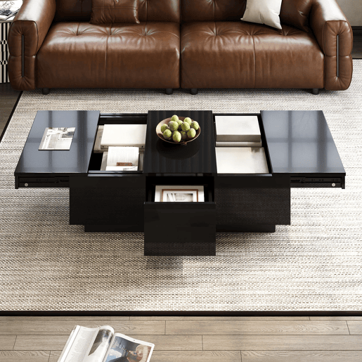 Mesa de centro 100x50 cm - moderna com gavetas e compartimento deslizante - preto brilhante