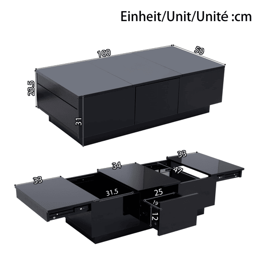 Mesa de centro 100x50 cm - moderna com gavetas e compartimento deslizante - preto brilhante