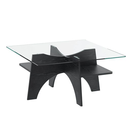 Mesa auxiliar quadrada 80 cm - Vidro temperado, pernas em MDF com efeito madeira - Preto