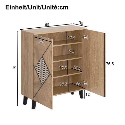 Sapateira 80x32x91 cm - Estilo moderno com padrão de rattan, portas fechadas, madeira