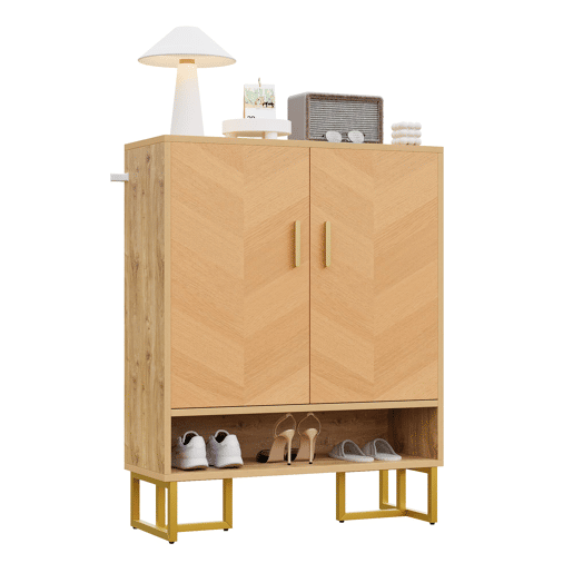 Sapateira com 2 portas - Design moderno minimalista, madeira única, moldura dourada - Natural