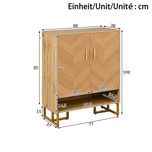 Sapateira com 2 portas - Design moderno minimalista, madeira única, moldura dourada - Natural