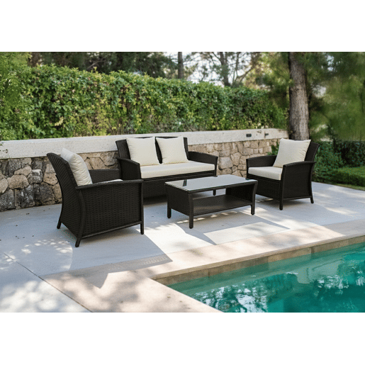 Conjunto Newport com sofá, 2 poltronas e mesa de vime PE. Móveis para jardim e varanda, vime marrom.