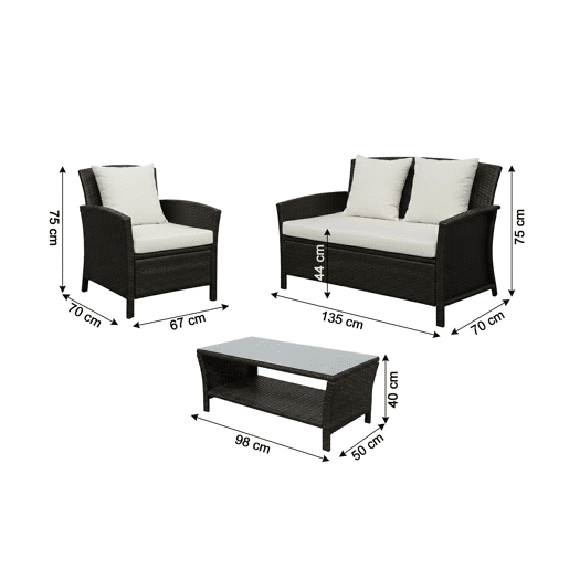 Conjunto Newport com sofá, 2 poltronas e mesa de vime PE. Móveis para jardim e varanda, vime marrom.