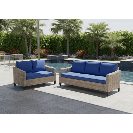 Conjunto para área externa, sofá Sanstar 3+2 em rattan PE. Móveis para jardim e pátio, azul.