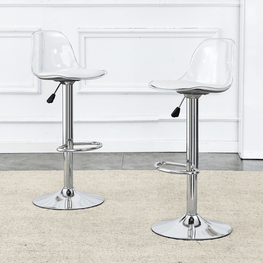 Bancos de bar 2 unidades - Altura ajustável 82-104 cm, encosto transparente, rotação 360° - BrancoPrateado
