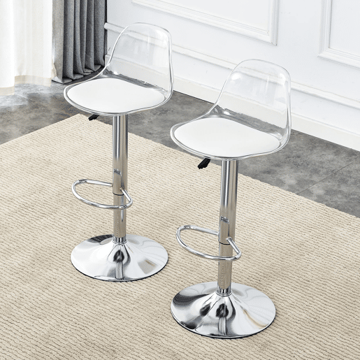 Bancos de bar 2 unidades - Altura ajustável 82-104 cm, encosto transparente, rotação 360° - BrancoPrateado