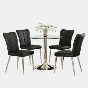 Conjunto de mesa de jantar 85 cm - mesa de vidro e 4 cadeiras em PU - preto prateado