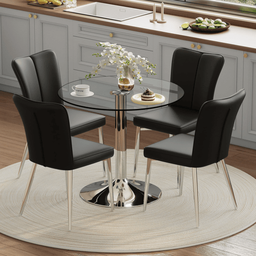 Conjunto de mesa de jantar 85 cm - mesa de vidro e 4 cadeiras em PU - preto prateado