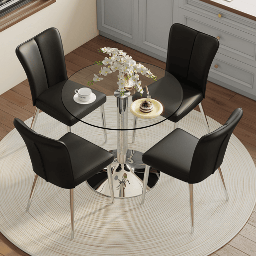 Conjunto de mesa de jantar 85 cm - mesa de vidro e 4 cadeiras em PU - preto prateado