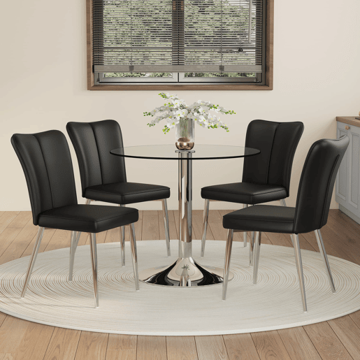Conjunto de mesa de jantar 85 cm - mesa de vidro e 4 cadeiras em PU - preto prateado