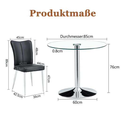 Conjunto de mesa de jantar 85 cm - mesa de vidro e 4 cadeiras em PU - preto prateado