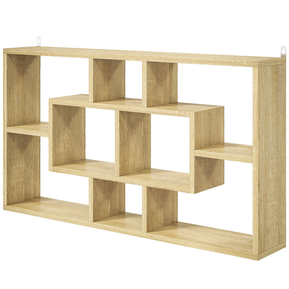 Homcom estante de pared decorativo, estantería para libro, cds, baldas flotantes con 8 cubos, 85x14,5x47,5 cm, carga 20kg, para oficina, estudio, salón, roble