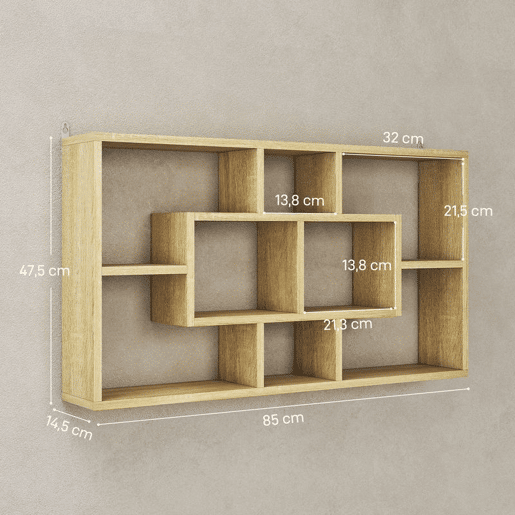 HOMCOM Estante de Parede Decorativa Estante para Livros CDs Prateleiras Flutuantes com 8 Cubos 85x14,5x47,5 cm Carga 20kg para Escritório Estúdio Sala de Estar Carvalho