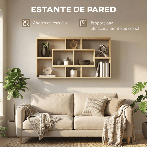 HOMCOM Estante de Parede Decorativa Estante para Livros CDs Prateleiras Flutuantes com 8 Cubos 85x14,5x47,5 cm Carga 20kg para Escritório Estúdio Sala de Estar Carvalho