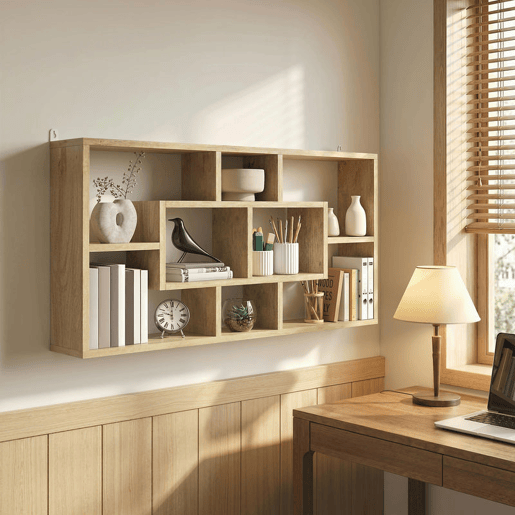 HOMCOM Estante de Parede Decorativa Estante para Livros CDs Prateleiras Flutuantes com 8 Cubos 85x14,5x47,5 cm Carga 20kg para Escritório Estúdio Sala de Estar Carvalho