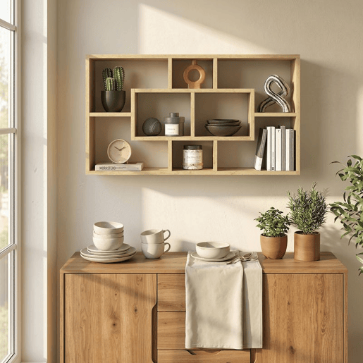 HOMCOM Estante de Parede Decorativa Estante para Livros CDs Prateleiras Flutuantes com 8 Cubos 85x14,5x47,5 cm Carga 20kg para Escritório Estúdio Sala de Estar Carvalho