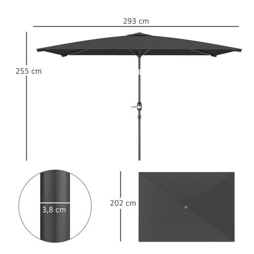 Outsunny Guarda-sol de Terraço Exterior, 200x300 cm, Guarda-sol de Terraço com Ângulo Ajustável, Manivela, Mastro de Alumínio Removível e Anti-UV, Guarda-sol para Jardim, Pátio, Cinzento Escuro
