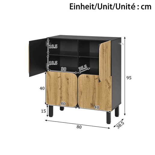 Sapateira de 4 portas - prateleiras ajustáveis, pés de ferro, portas curvas - PretoNatural