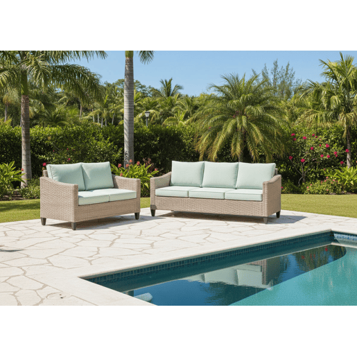 Conjunto para área externa, sofá Sanstar 3+2 em rattan PE. Móveis para jardim e pátio, verde.