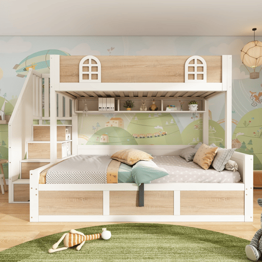 Beliche infantil 90x200140x200 - com arrumação, escada e proteção - NaturalBranco Beliche infantil 90x200140x200 - com arrumação, escada e proteção - NaturalBranco