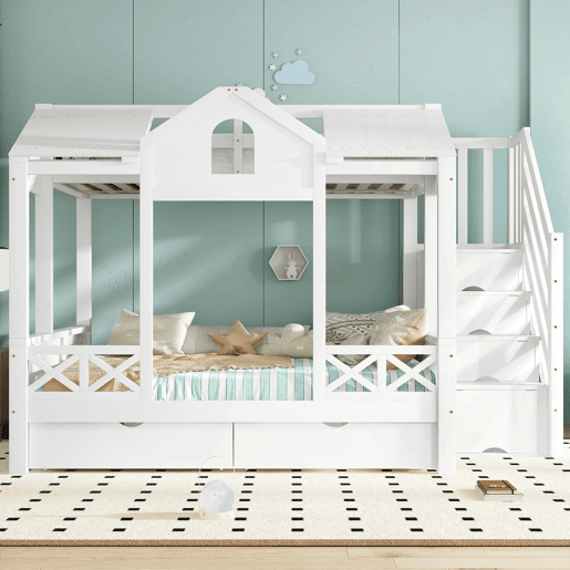 Beliche infantil 90x200 e 140x200 - com gavetas e escada com arrumação - branco