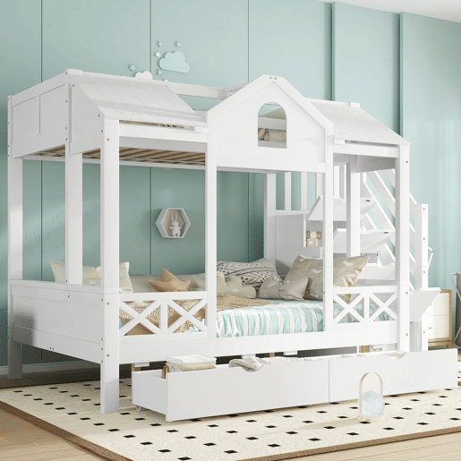 Beliche infantil 90x200 e 140x200 - com gavetas e escada com arrumação - branco