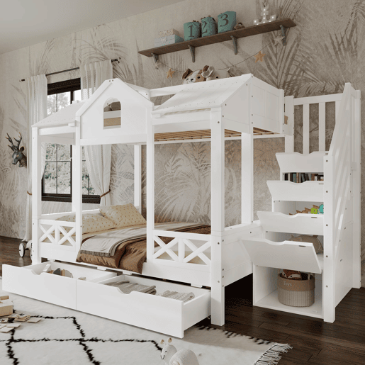 Beliche infantil 90x200 e 140x200 - com gavetas e escada com arrumação - branco