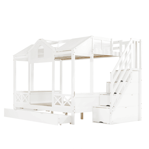 Beliche infantil 90x200 e 140x200 - com gavetas e escada com arrumação - branco
