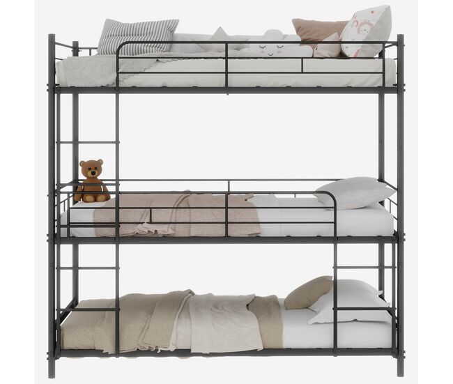 Cama triple 3 plazas - estructura metálica con escalera y barandilla - negra