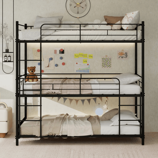 Cama tripla para 3 pessoas - estrutura metálica com escada e corrimão - preta