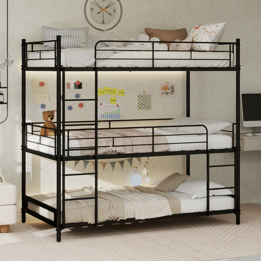 Cama tripla para 3 pessoas - estrutura metálica com escada e corrimão - preta