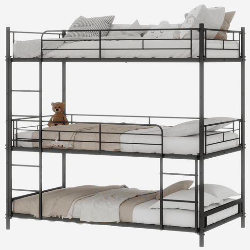 Cama tripla para 3 pessoas - estrutura metálica com escada e corrimão - preta