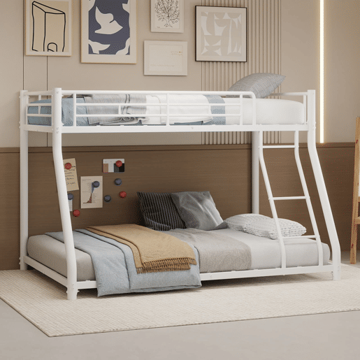 Beliche metálico Twin sobre Full - estrutura metálica resistente, com escada e corrimão completo - Branco