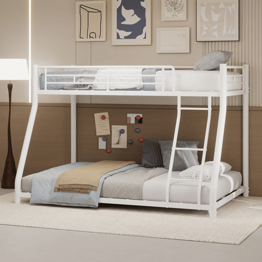 Beliche metálico Twin sobre Full - estrutura metálica resistente, com escada e corrimão completo - Branco