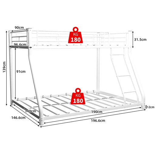 Beliche metálico Twin sobre Full - estrutura metálica resistente, com escada e corrimão completo - Branco