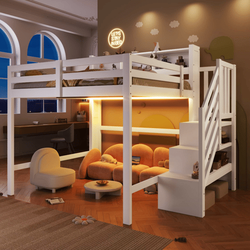 Beliche 140x200 cm - com luzes LED, grande espaço de armazenamento, escada com prateleira, sem colchão - Branco