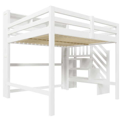 Beliche 140x200 cm - com luzes LED, grande espaço de armazenamento, escada com prateleira, sem colchão - Branco