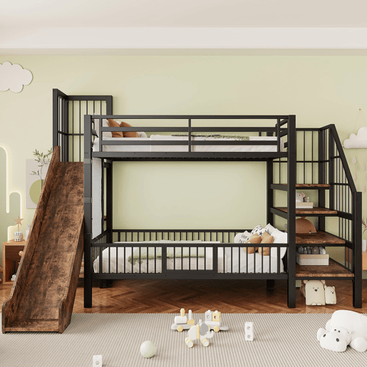 Cama alta infantil metálica 90x200 - com escorregador e escada de armazenamento - preta